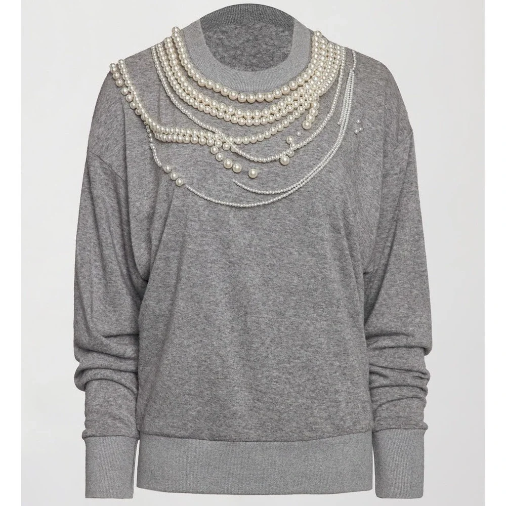 Carbon38 Pearl Sweatshirt Women's‎ XS Embellished Beaded Gray Statement Piece